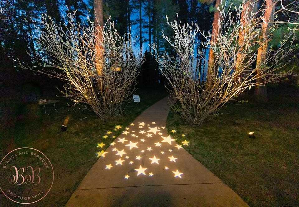 go between wedding lighting on a path