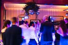a disco dream chandelier above a Tahoe wedding dance party
