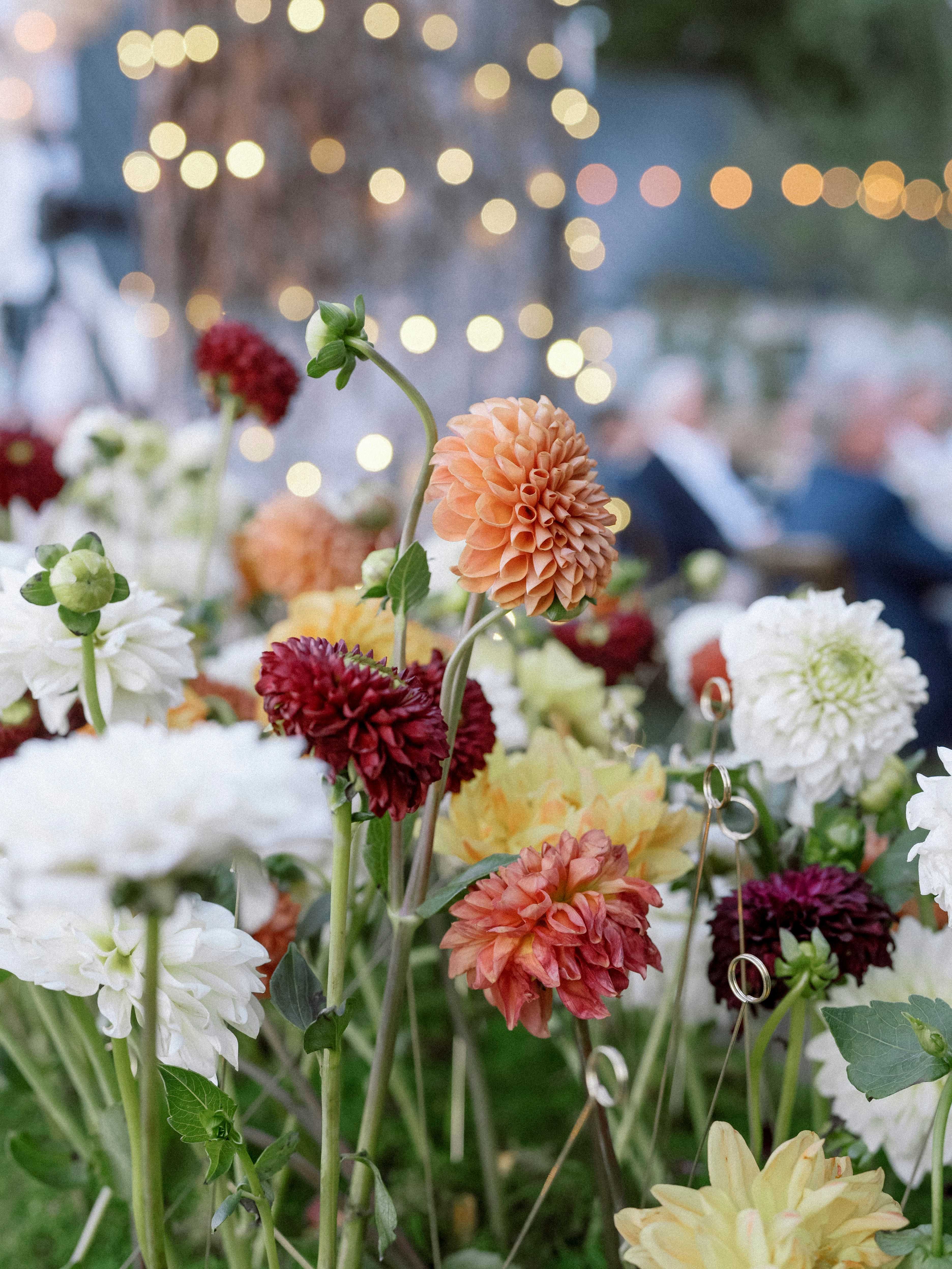 wedding flowers with wedding lights behind