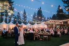 a wedding couple under a canopy of lights during an outdoor wedding
