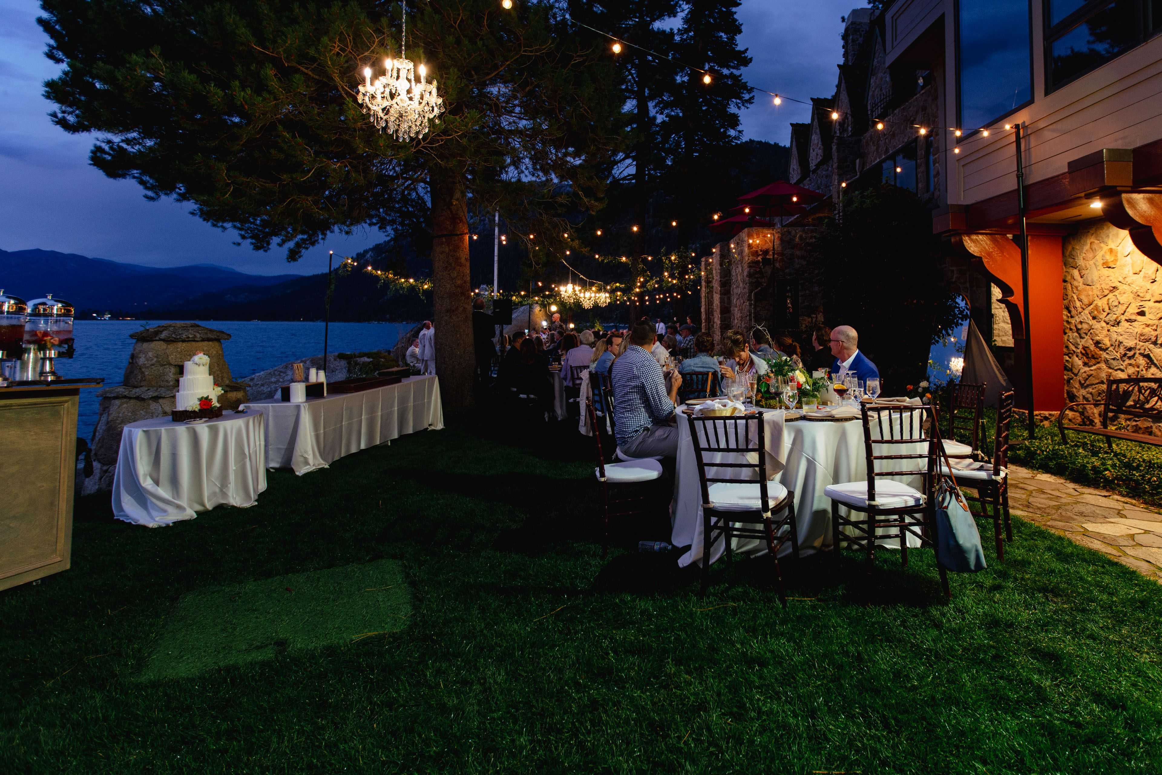 Wedding lighting over a wedding reception at thunderbird lodge
