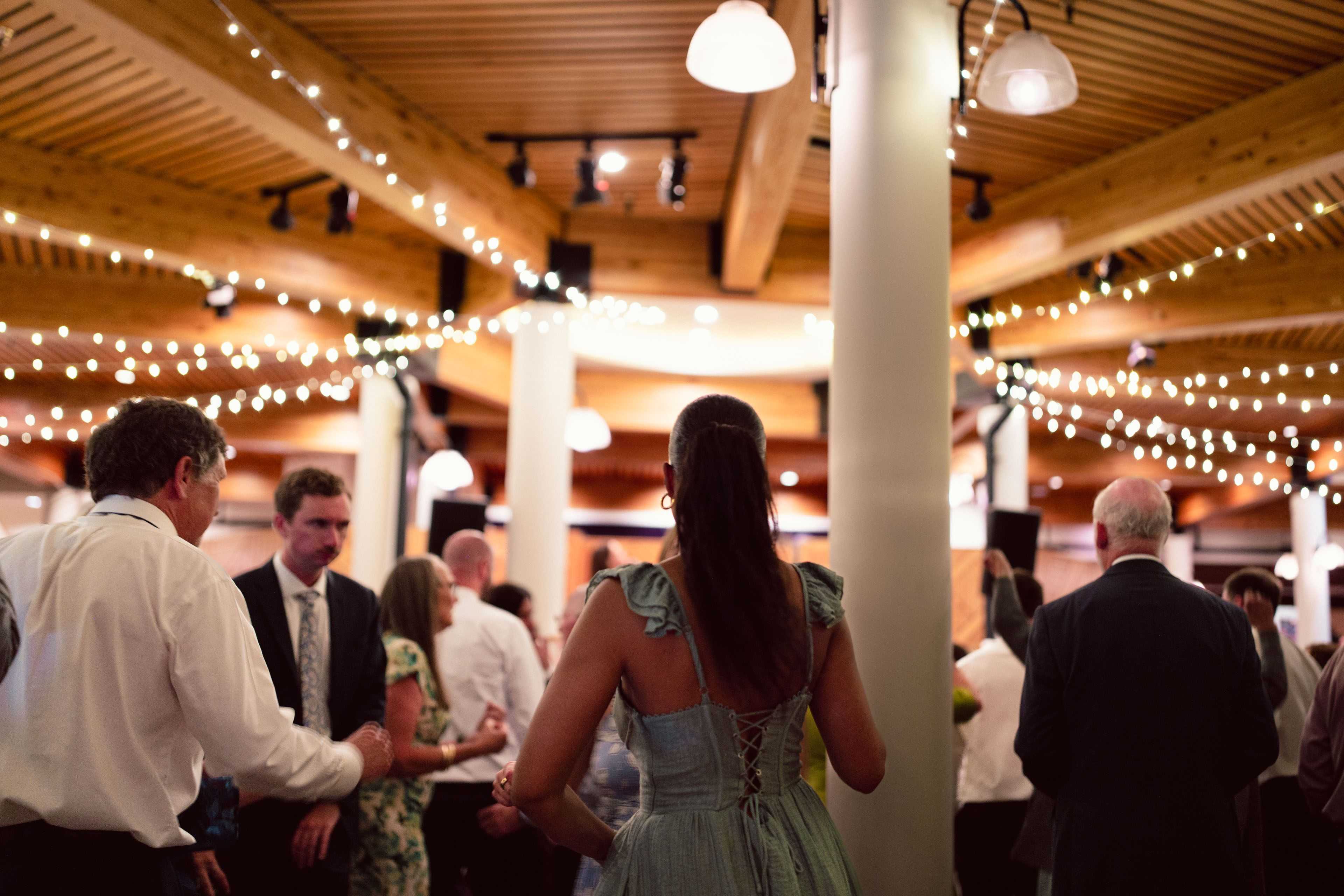 wedding lighting decorations at high camp at Palisades Tahoe