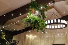 disco ball chandelier hanging in the rafters of Olympic Valley Events Center