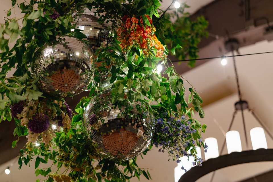 detail image of a disco ball chandelier