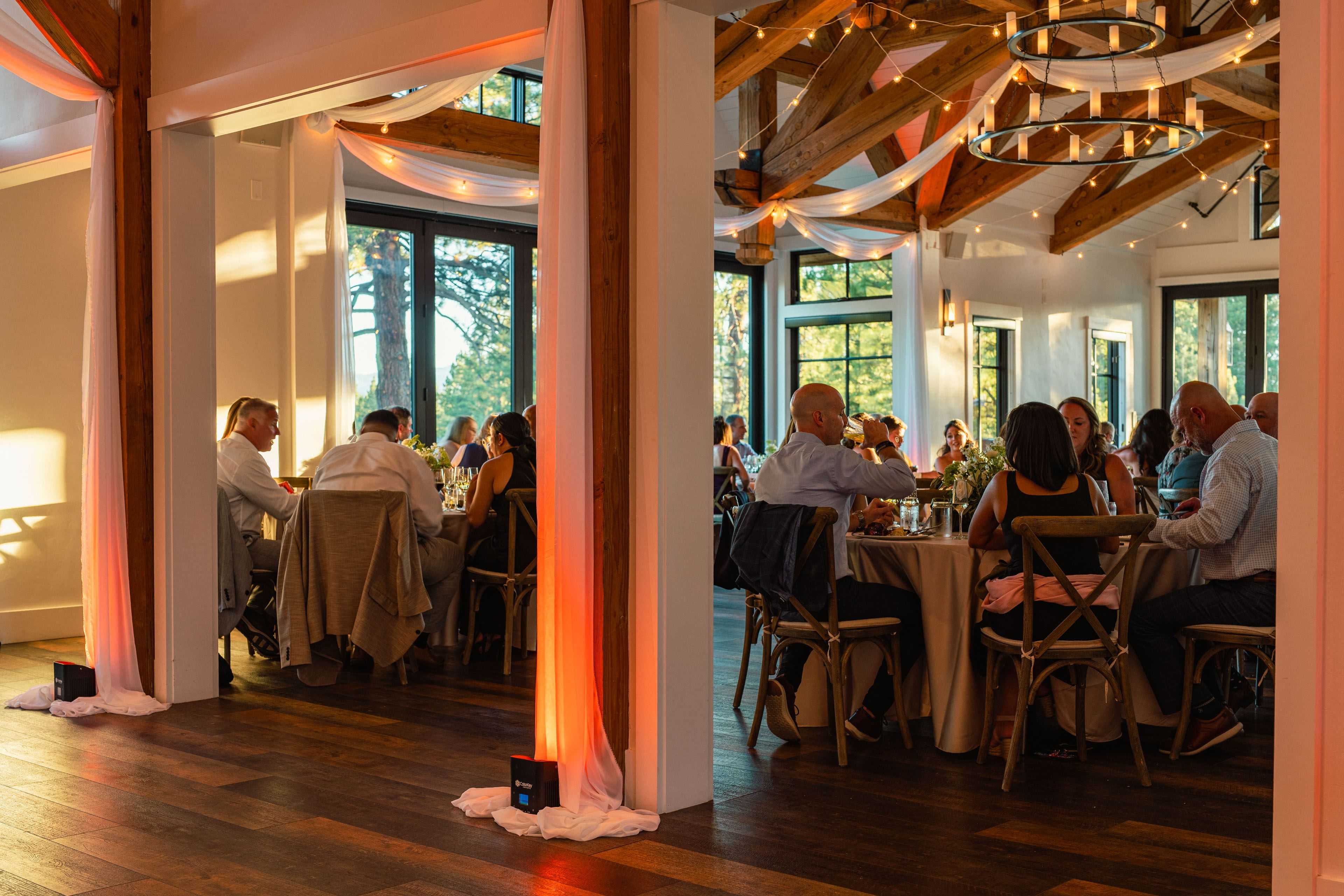 wedding reception with drapery and market lights