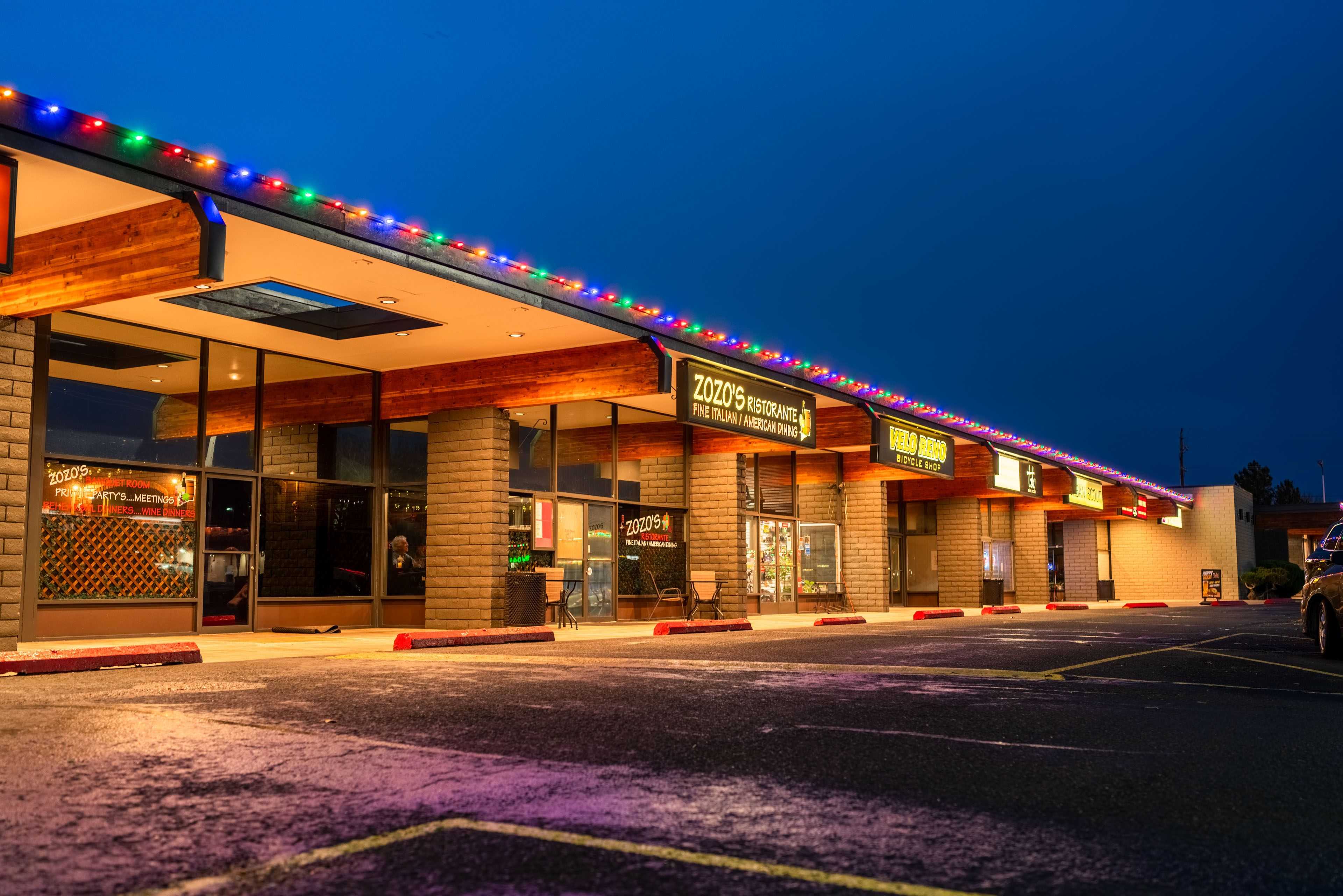 shopping center with multi color Christmas lighting