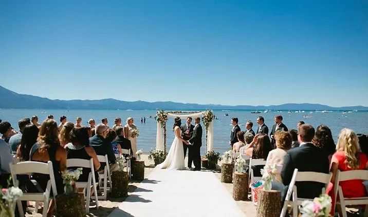 a wedding ceremony at Lake Tahoe Beach Retreat Lodge