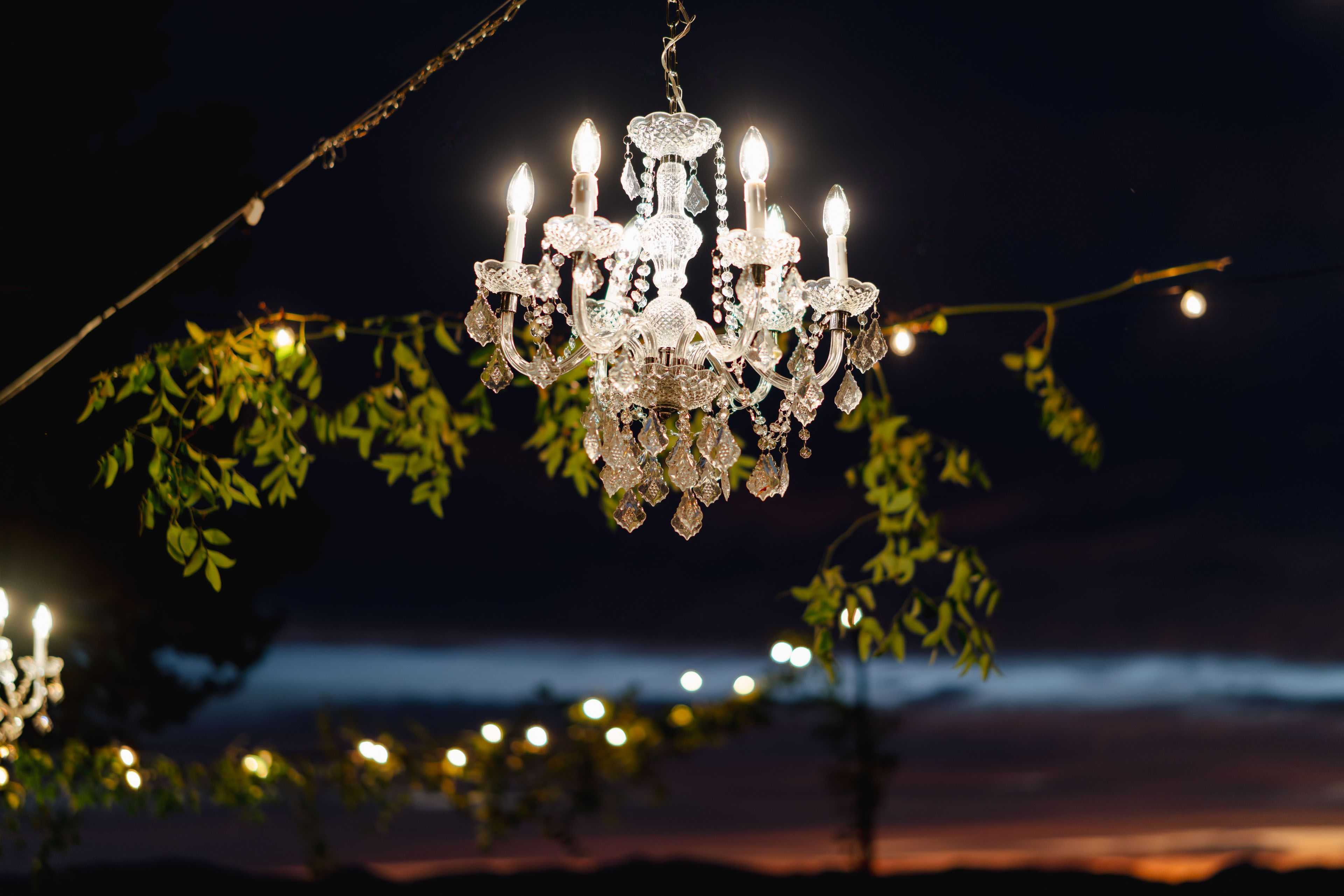 chandelier lighting as the sun goes down over Lake Tahoe