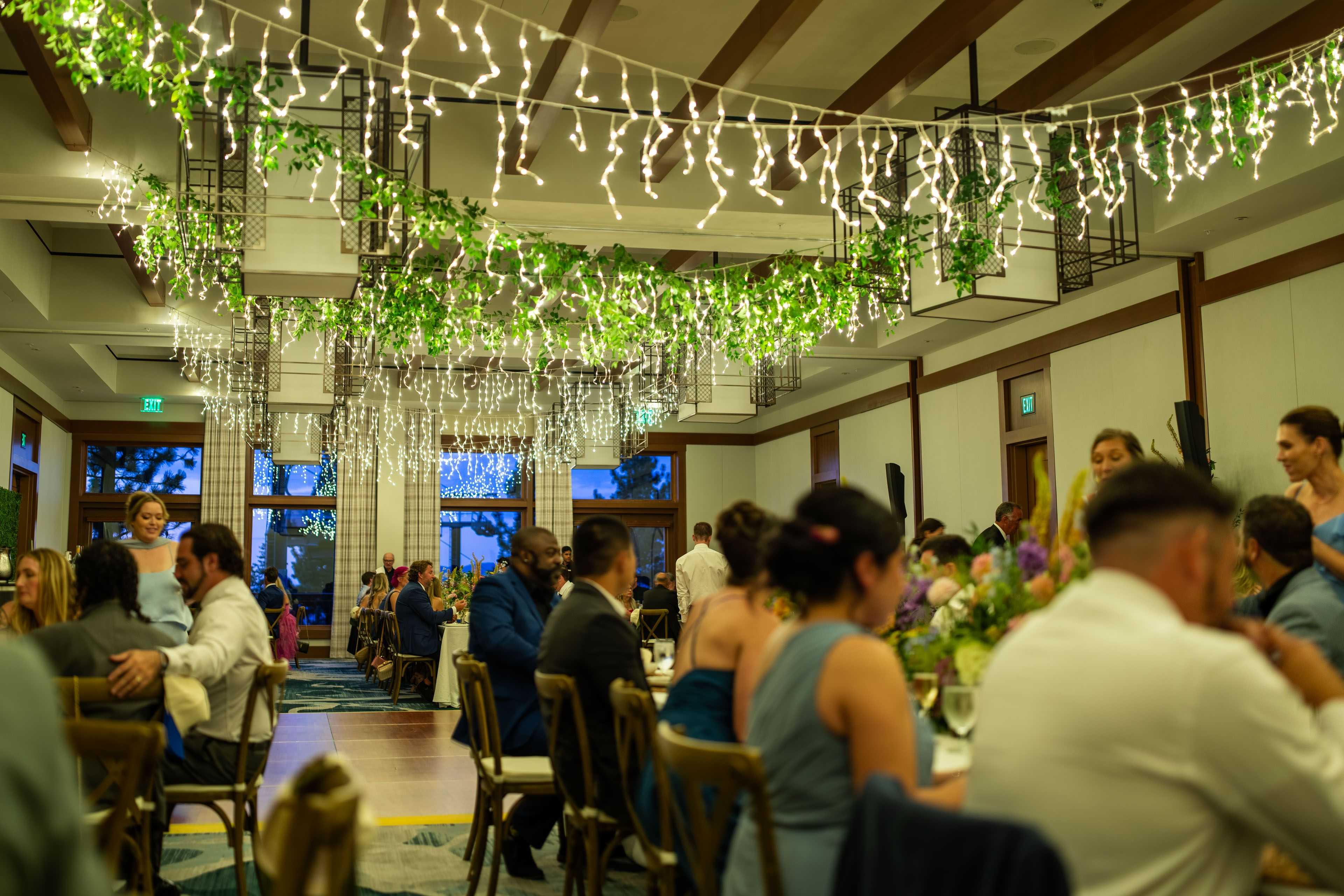 wedding lighting over a ball room reception