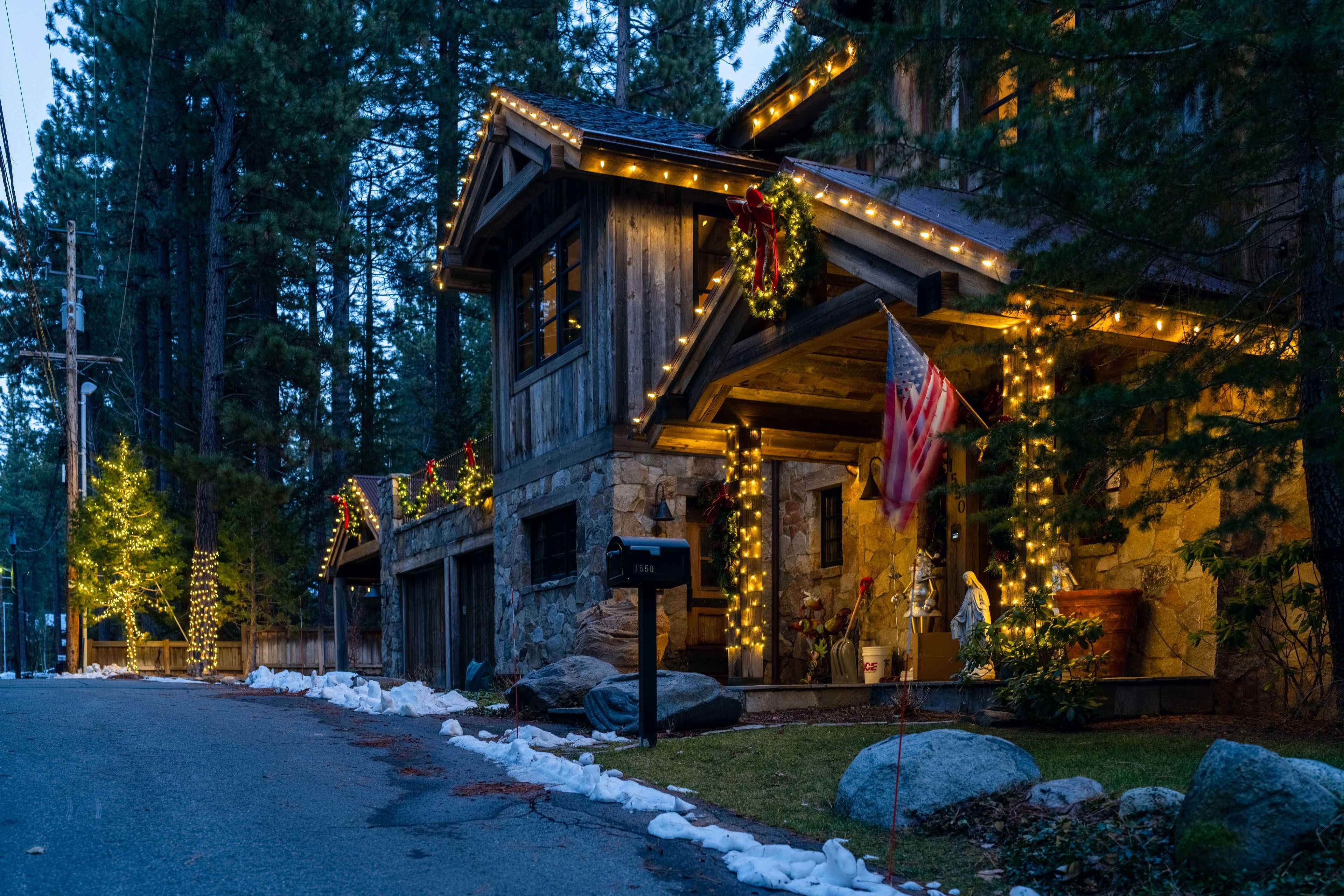 Christmas lights along a private lane