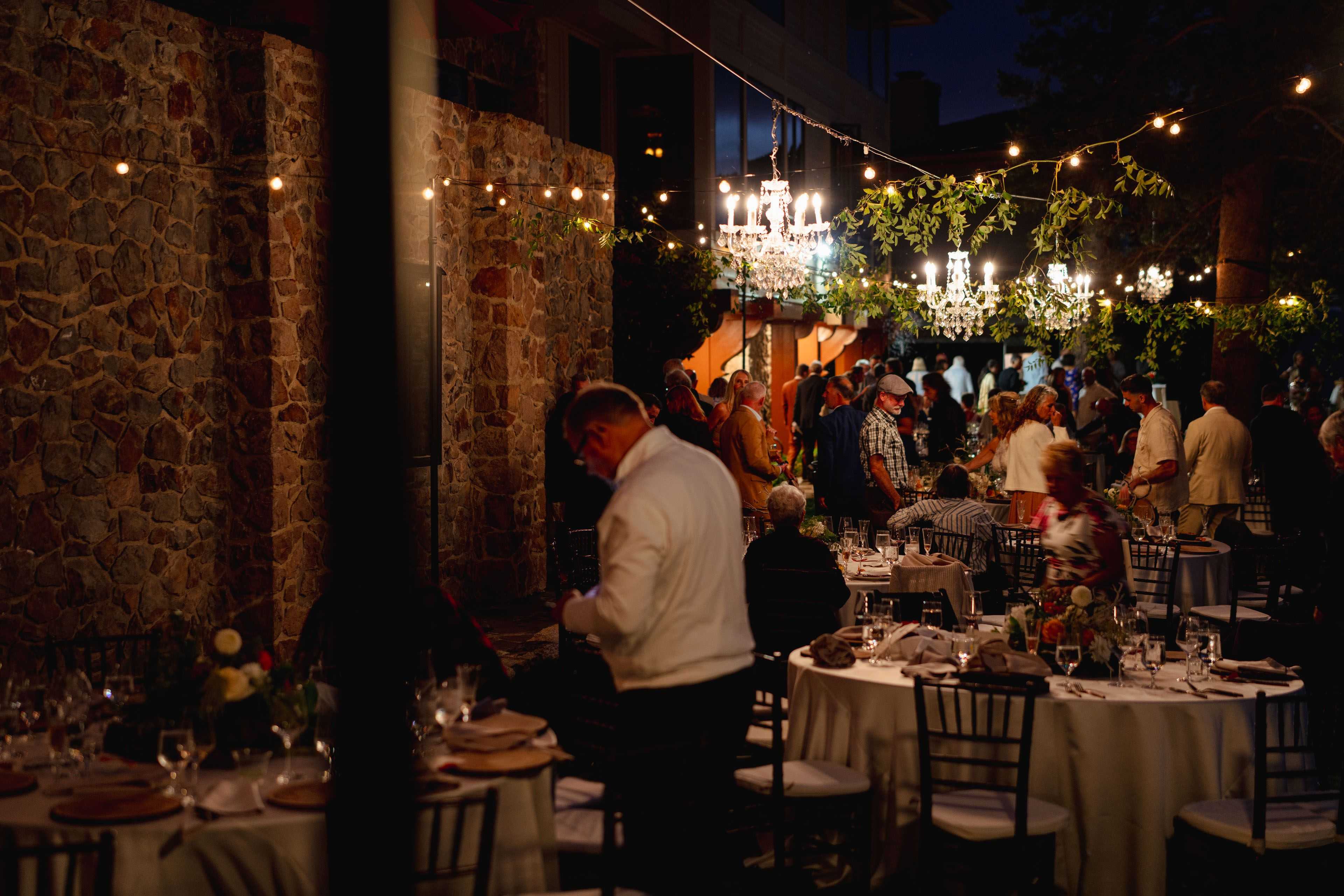 wedding lighting over the thunderbird lodge lawn