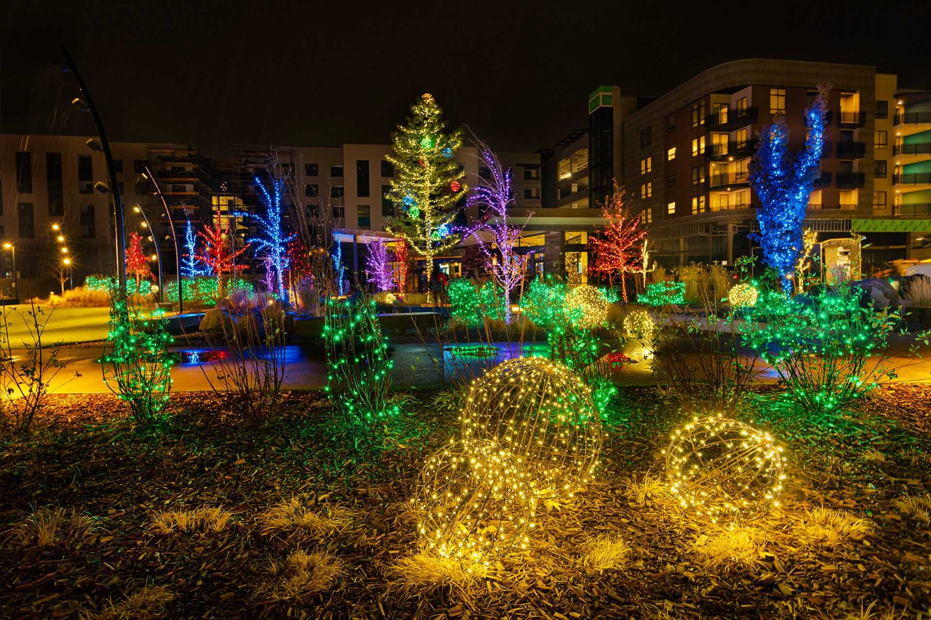 multi colored lighting wrapping orbs and trees throughout the Reno experience district event area