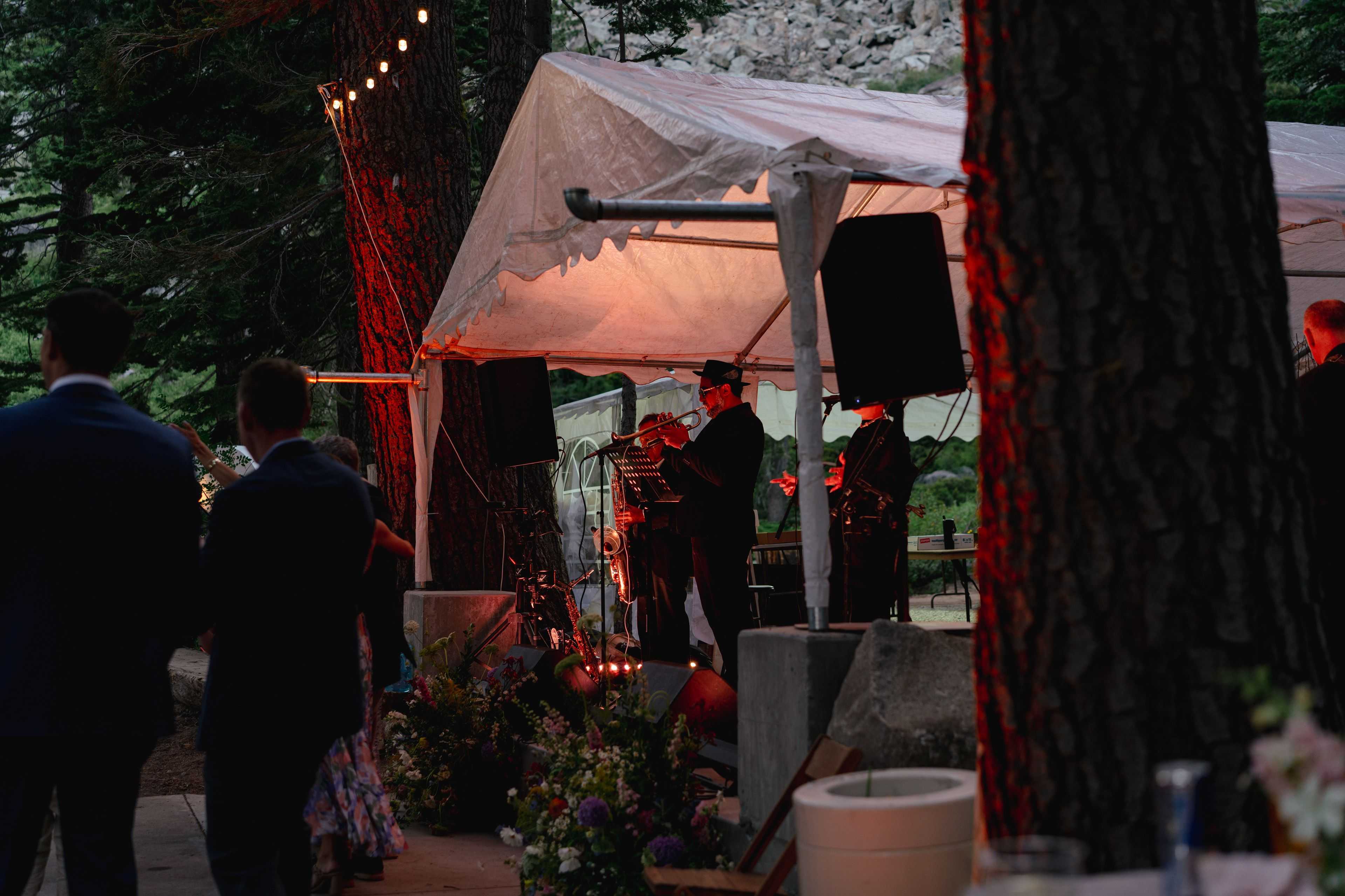 uplighting enhancing the trees surrounding a band playing at white wolf tahoe