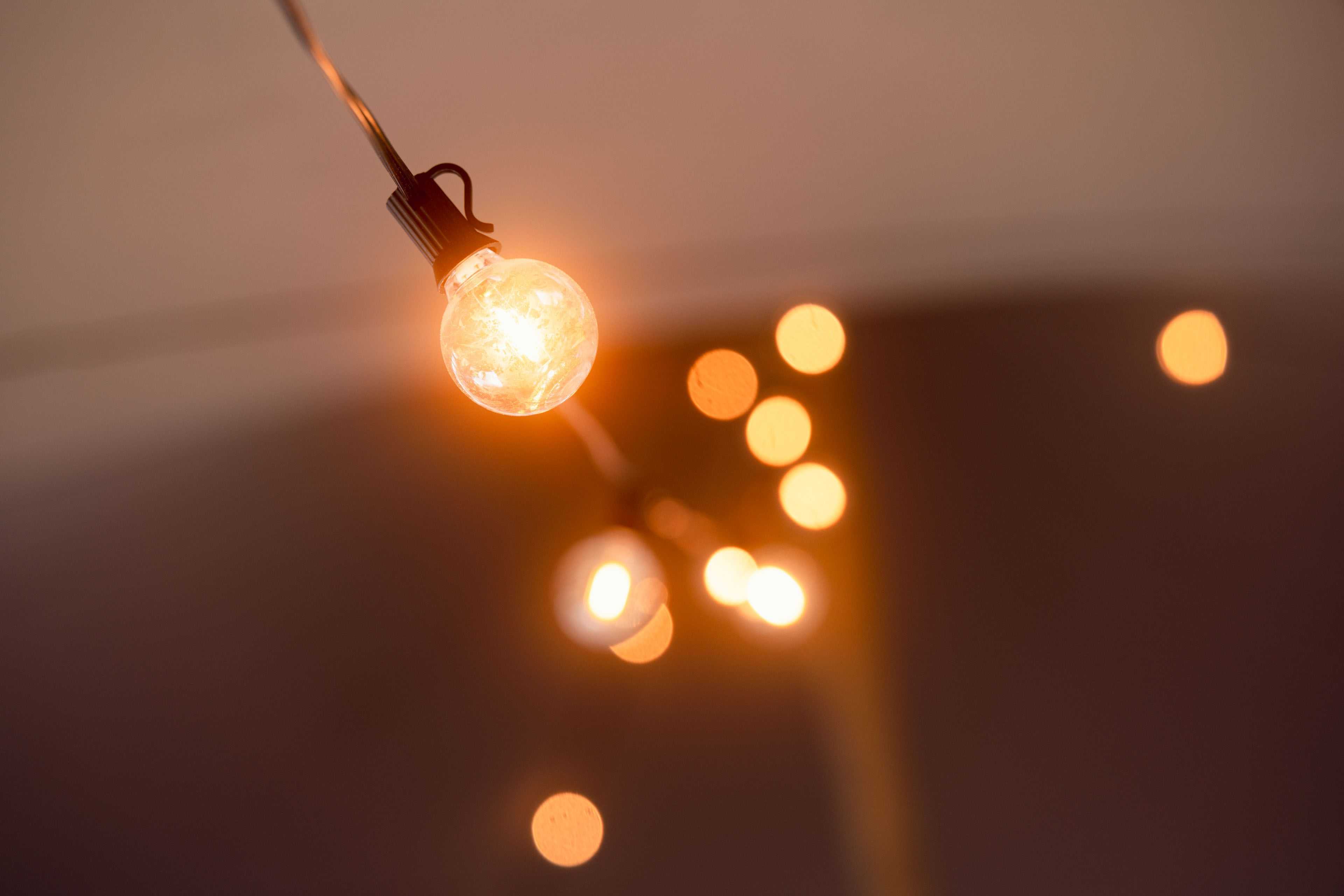 close photo of wedding tent lighting