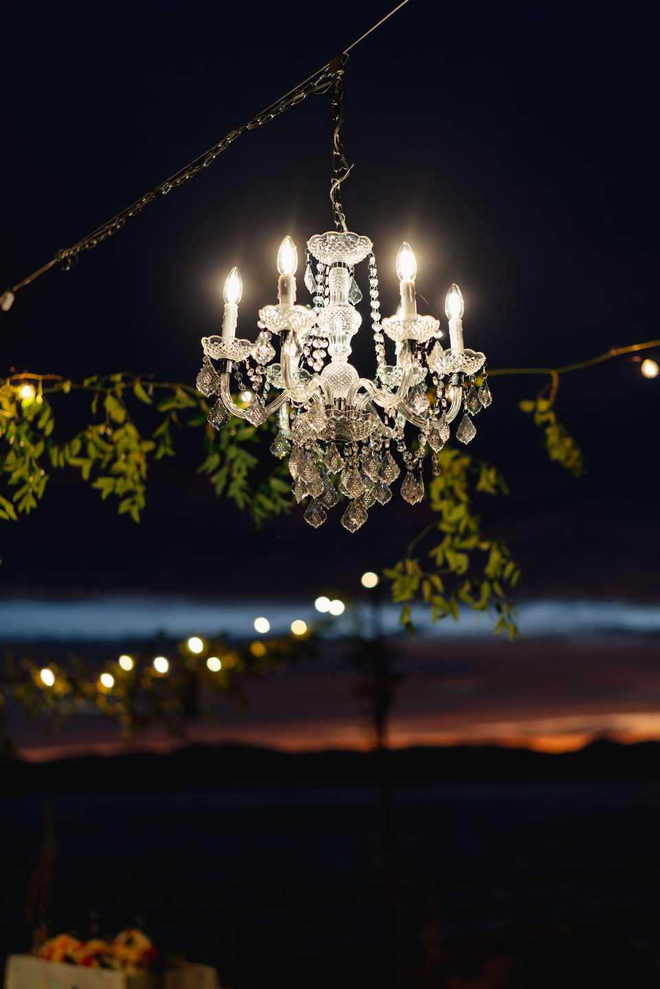 chandelier lighting over a Lake Tahoe sunset