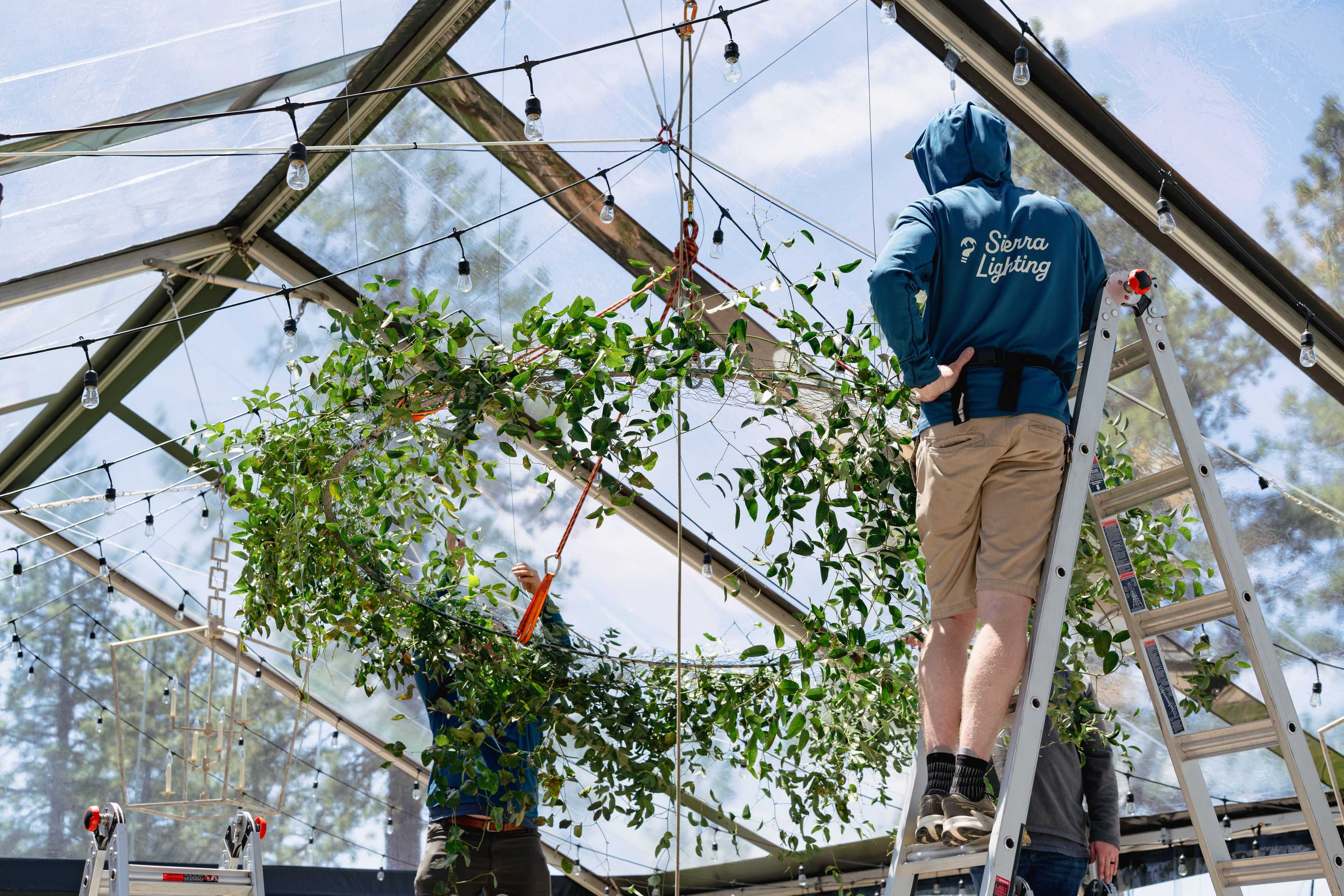the Sierra lighting team working in a tent