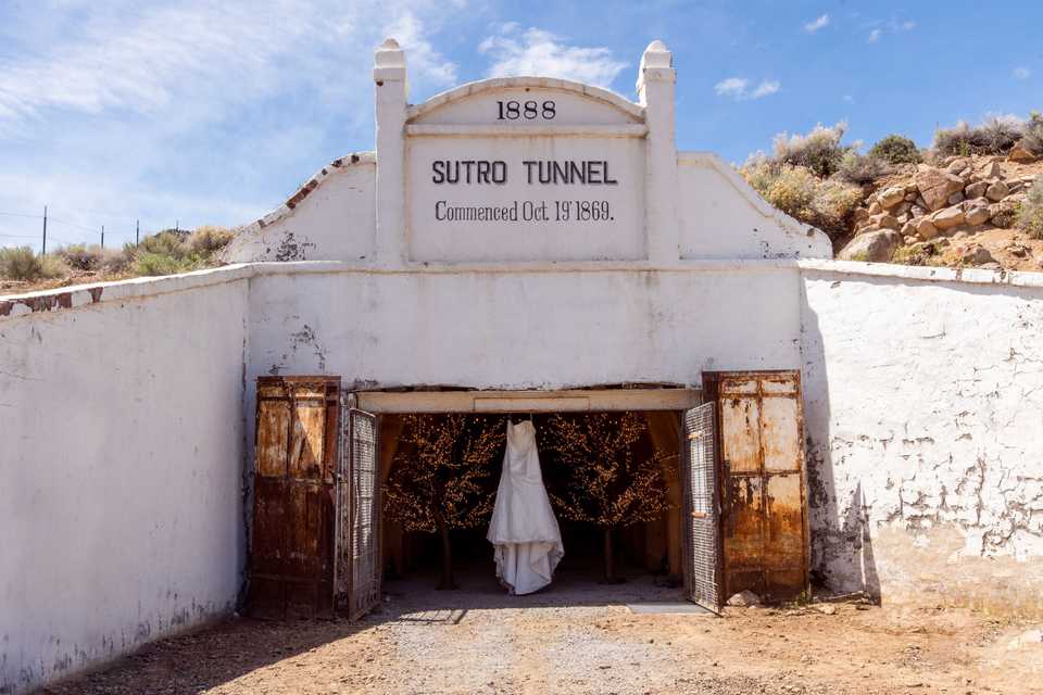 Sutro tunnels entrance with a wedding dress hanging